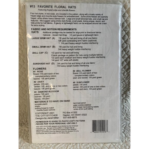 The City Stitcher Favorite Floral Hats Pattern #13 - uncut - Picture 6 of 9